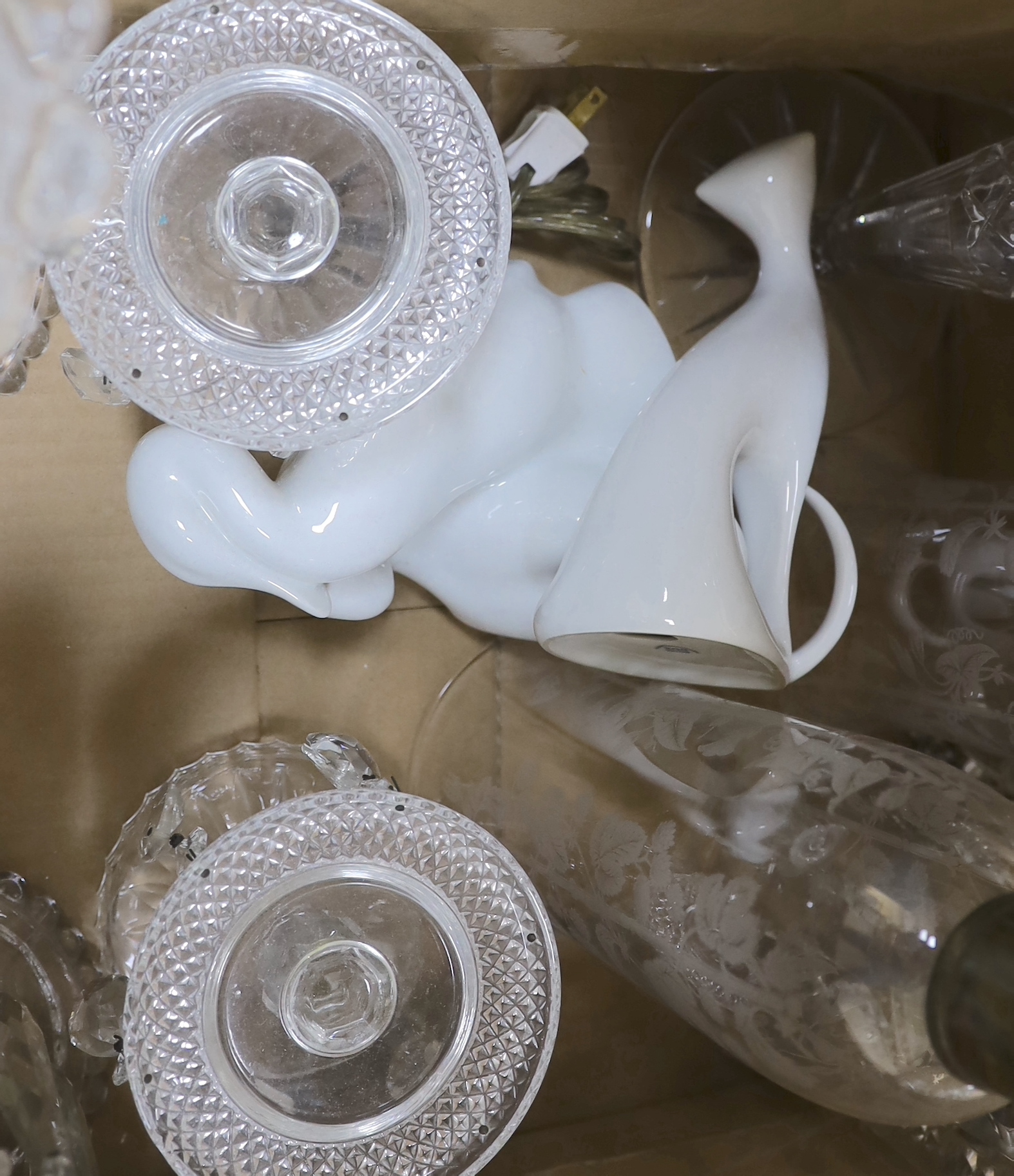 Two pairs of glass lustres, a larger lustre, other glassware, a pair of pottery candle sticks and ornamental cats